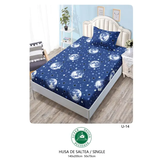 Set Husă de Pat cu Elastic și 1 Față de Pernă, Finet, 140x200 cm, Model Lună și Stele (U-14)