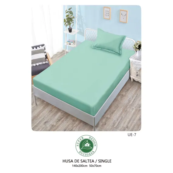 Set Husă de Pat cu Elastic și 1 Față de Pernă, Finet, 140x200 cm, Model Uni Verde Mentă (UE-7)