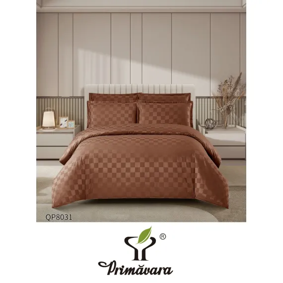 Lenjerie de Pat Dublu din Damasc Premium, 4 Piese, Cearceaf de Pat cu Elastic 180x200 cm, Model Pătrățele Maro
