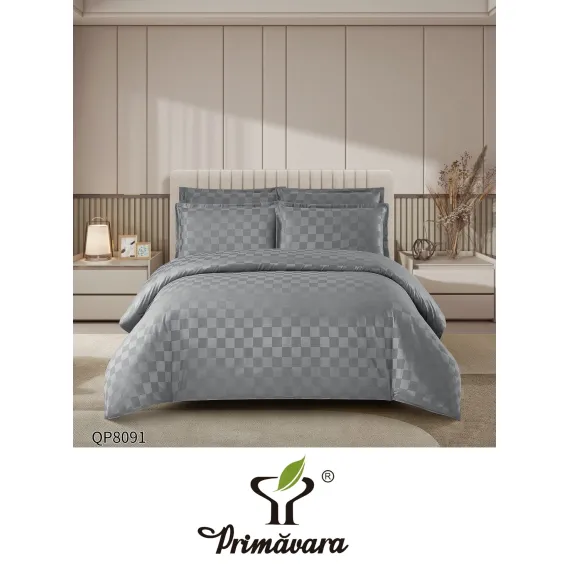 Lenjerie de Pat Dublu din Damasc Premium, 4 Piese, Cearceaf de Pat cu Elastic 180x200 cm, Model Pătrățele Gri