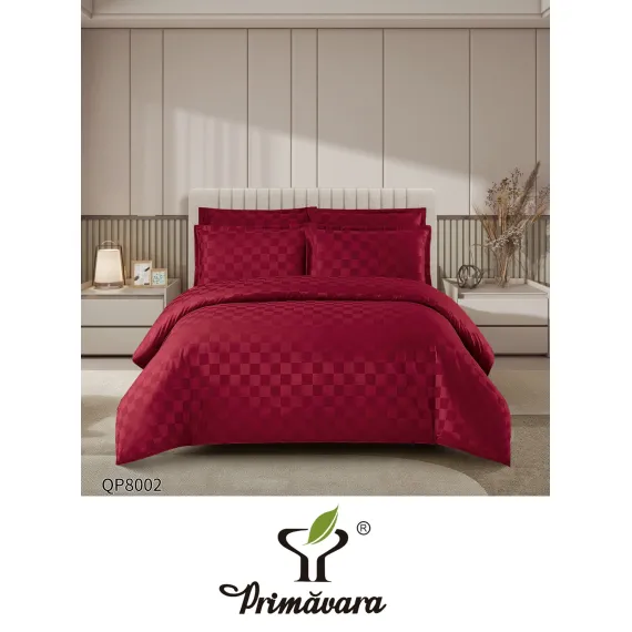 Lenjerie de Pat Dublu din Damasc Premium, 4 Piese, Cearceaf de Pat cu Elastic 180x200 cm, Model Pătrățele Bordo