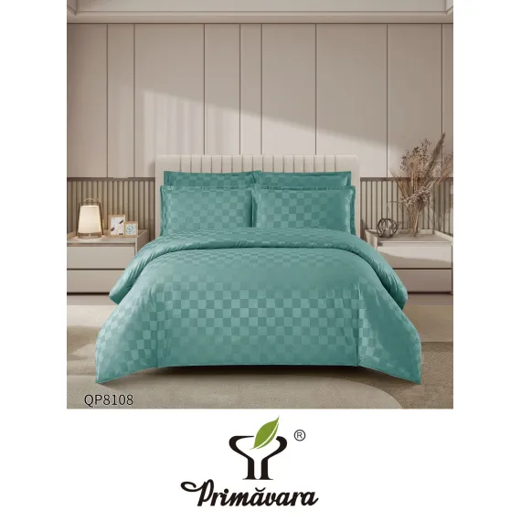 Lenjerie de Pat Dublu din Damasc Premium, 4 Piese, Cearceaf de Pat cu Elastic 180x200 cm, Model Pătrățele Turcoaz