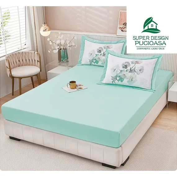 Set Husă de Pat cu Elastic Mentă și 2 Fețe de Pernă, Finet, 160x200 cm