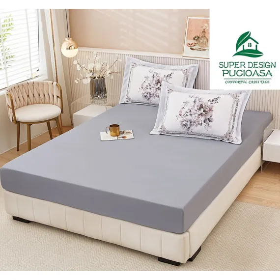Set Husă de Pat cu Elastic Gri și 2 Fețe de Pernă, Finet, 160x200 cm