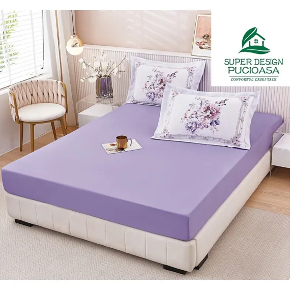 Set Husă de Pat cu Elastic Mov și 2 Fețe de Pernă, Finet, 160x200 cm