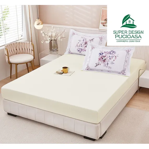 Set Husă de Pat cu Elastic Crem și 2 Fețe de Pernă, Finet, 160x200 cm