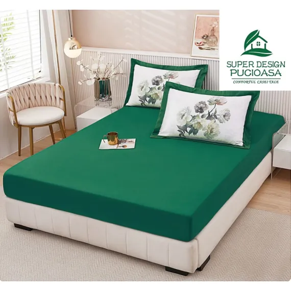 Set Husă de Pat cu Elastic Verde și 2 Fețe de Pernă, Finet, 160x200 cm