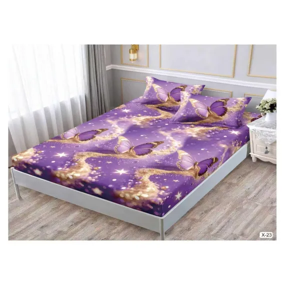 Set Husă de Pat din Finet cu Elastic, 180x200 cm, Mov cu Fluturi, 2 Fețe de Pernă