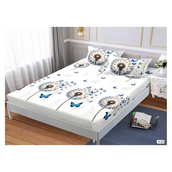 Set Husă de Pat din Finet cu Elastic, 180x200 cm, Model Păpădii și Fluturi, 2 Fețe de Pernă