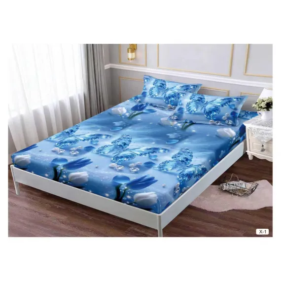 Set Husă de Pat din Finet cu Elastic, 180x200 cm, Model Fluturi Albaștri, 2 Fețe de Pernă
