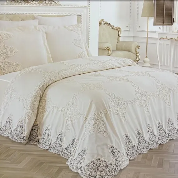 Set pike premium cu cuvertură și dantelă EBRU Crem, 3 piese