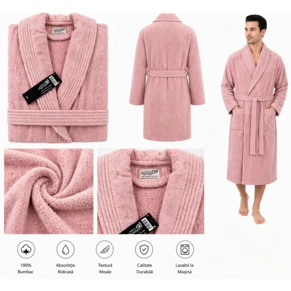 Set Complet Baie: 1 Halat Velur Mărime L/XL și 2 Prosoape, Roz