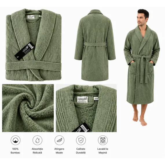 Set Complet Baie: 1 Halat Velur Mărime L/XL și 2 Prosoape, Verde