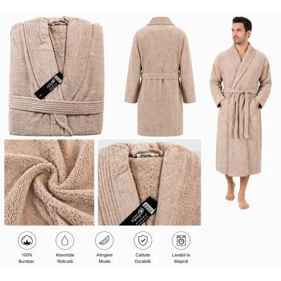 Set Complet Baie: 1 Halat Velur Mărime L/XL și 2 Prosoape, Bej
