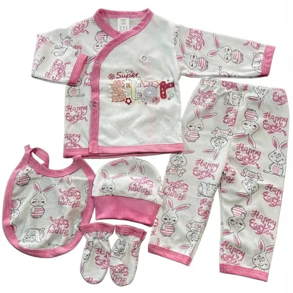 Set 4 Serii Compleu Pentru Bebeluși 5 Piese Bumbac 100% Cu Model Imprimat Roz Mărimi 22-24