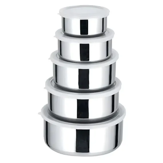 Set 5 caserole din inox cu capace din plastic transparent