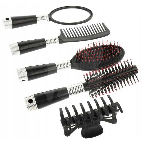 Set 5 Accesorii pentru Păr: Perie Rotundă, Perie Ovală, Pieptăn, Oglindă și Clamă, Negru