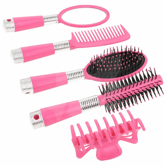Set 5 Accesorii pentru Păr: Perie Rotundă, Perie Ovală, Pieptăn, Oglindă și Clamă, Roz