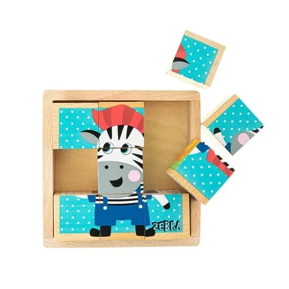 Cuburi puzzle din lemn, 9 piese cu tavă, 6 imagini