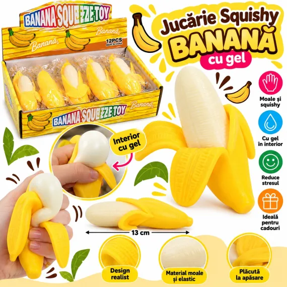 Jucărie Squishy Banană cu Gel, Moale și Elastică, Antistres, 13 cm