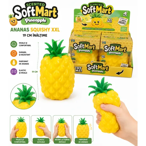 Ananas Squishy XXL Parfumat, 19 cm, Jucărie Antistres Moale și Elastică, Model Ananas