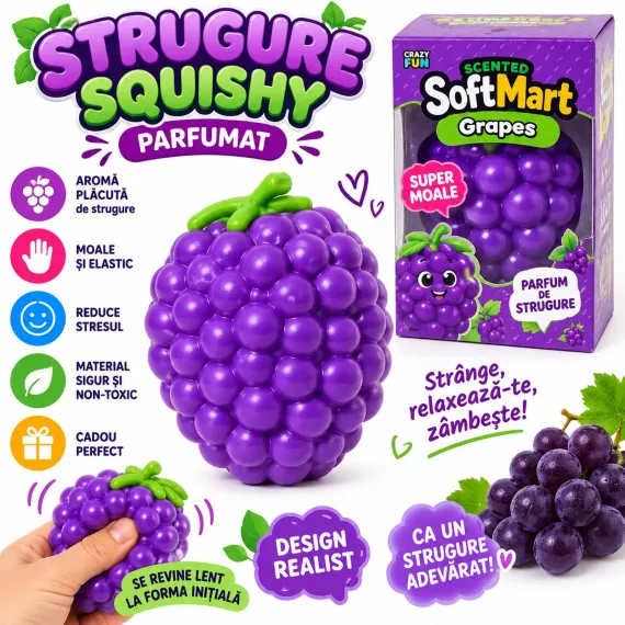 Strugure Squishy Parfumat XXL, Jucărie Antistres Moale și Elastică, Mov, 20 cm