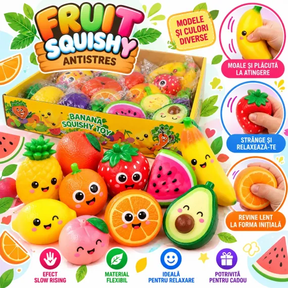 Jucărie Squishy Antistres Fructe, Moale și Elastică, Slow Rising, Modele și Culori Diverse
