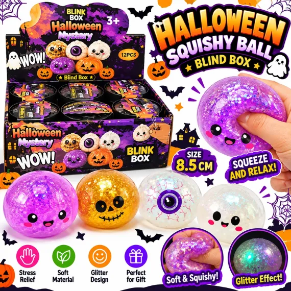 Jucărie Squishy Halloween cu Bile și Sclipici, Moale și Antistres, 8,5 cm, Diverse Modele