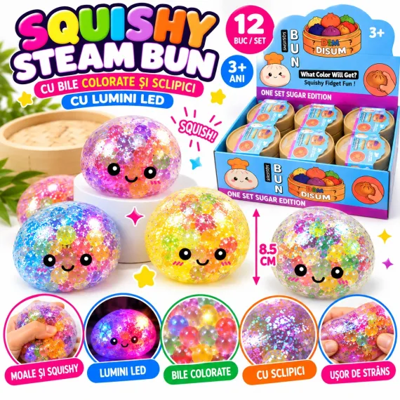 Jucărie Squishy Steam Bun cu Lumini LED, Bile Colorate și Sclipici, Antistres, 8,5 cm