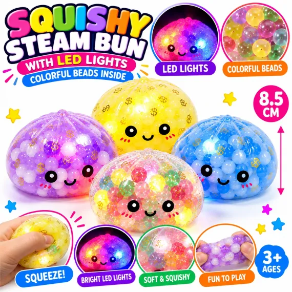 Jucărie Squishy Steam Bun cu Bile și Lumini LED, Moale și Antistres, 8,5 cm