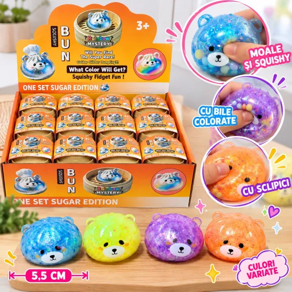 Jucărie Squishy Dumpling Ursuleț cu Bile și Sclipici, Moale și Antistres, 5,5 cm