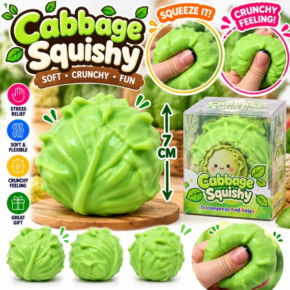 Jucărie Squishy Varză Crunchy, Moale și Flexibilă, Antistres, Verde, 7 cm