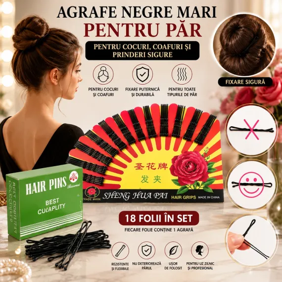 Agrafe Negre Mari pentru Păr și Cocuri - 18 Folii în Set