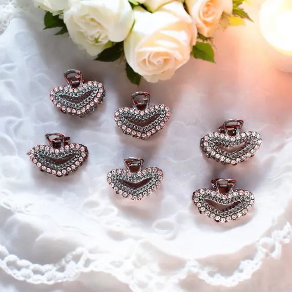 Set 12 Clestișori de Păr G209 (Inimioară Vintage) din Metal Grafit cu Pietre Strass Roz și Detalii Fine