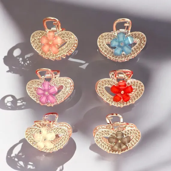 Set 12 Clestișori de Păr G233-1 (Inimioară) din Metal Rose-Gold cu Pavaj de Pietre Strass și Floare Centrală Colorată