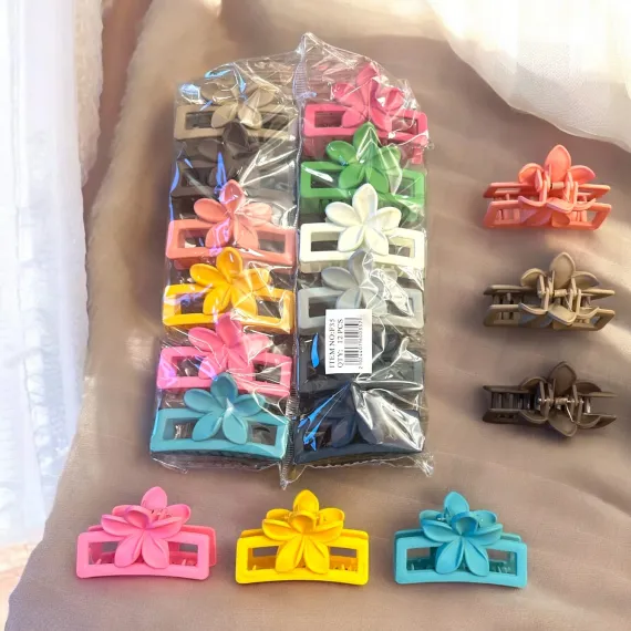 Set Clești de Păr Rectangulari Decupați cu Aplicație Florală Vibrantă, Finisaj Mat Siliconat, Set de 12 Bucăți