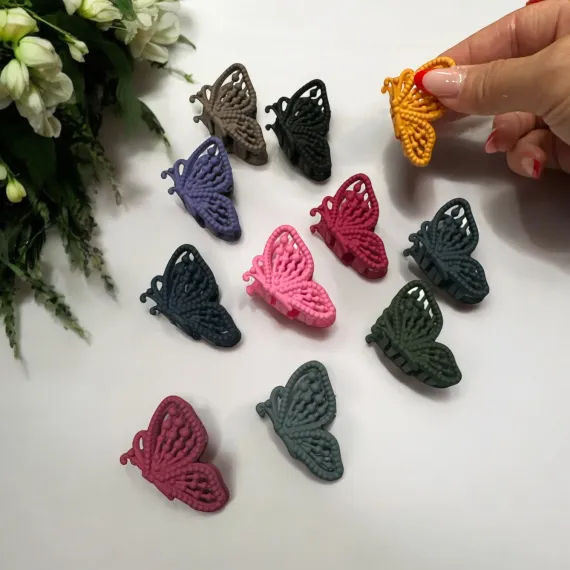 Clești de păr din silicon cod D180 set 12 bucăți model fluture in relief culori mate