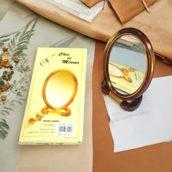 Oglinda cosmetica ovala maro mijlocie cu suport 14.5×11 cm model clasic cu doua fete