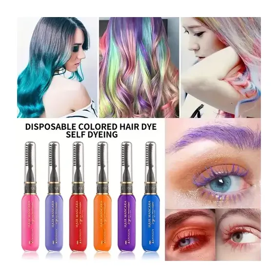 Rimel colorat pentru șuvițe - vopsea temporară de păr, 15 ml, 6 culori intense cu efect glitter