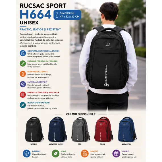 Rucsac sport unisex H664 - 47x32x22 cm