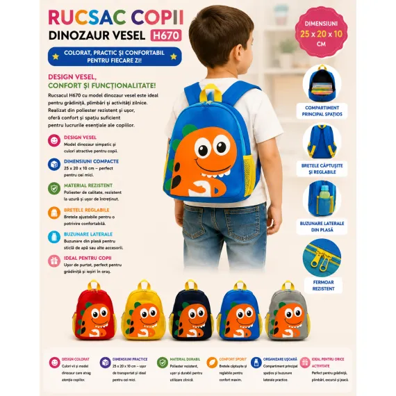 Rucsac copii dinozaur H670 25x20x10 cm