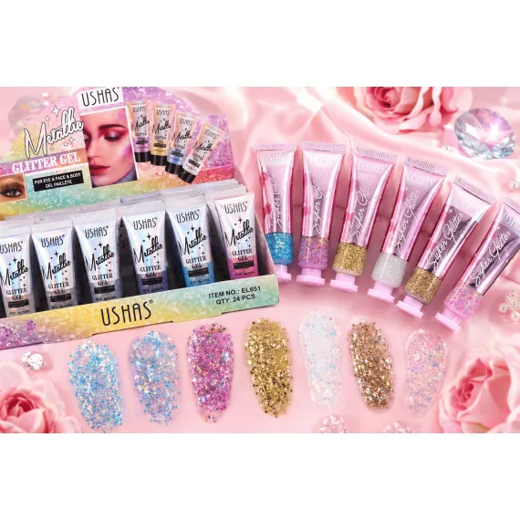 Gel sclipici metalic pentru ochi și corp Ushas EL651 - set 24 bucăți