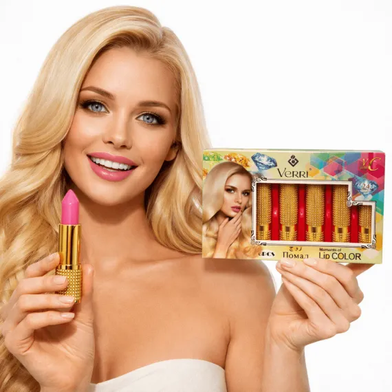 Set rujuri roz 6 culori în tub auriu elegant