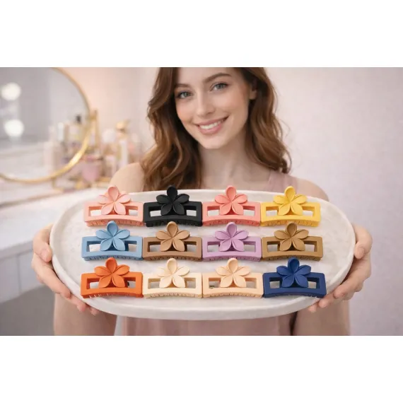 Set 12 clești de păr siliconati cu floare