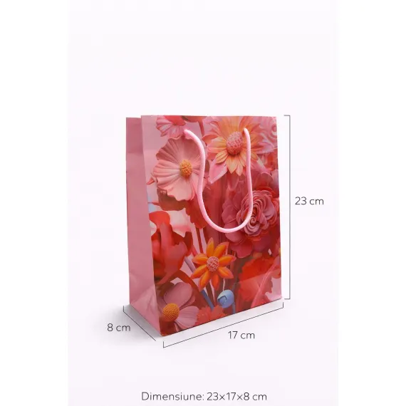 Pungă cadou mică 23x17x8 model floral roz - design elegant