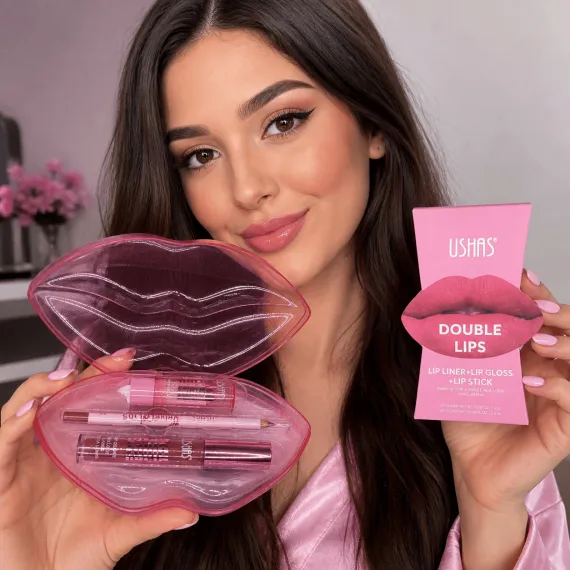 Set machiaj buze Ushas Double Lips 008D cu liner si gloss volum