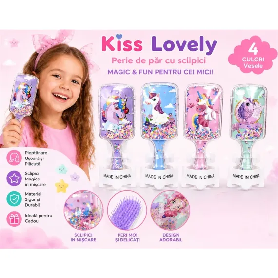 Perie Descurcat Păr pentru Fetițe cu Sclipici și Unicorn