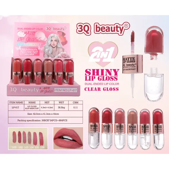 Luciu de buze mat 2 in 1 cu gloss transparent 3Q Beauty LP-617