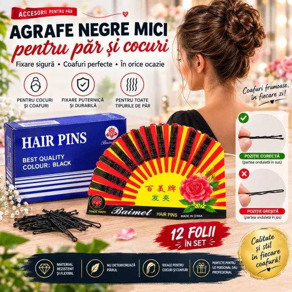 Agrafe Negre Mici pentru Păr și Cocuri - 12 Folii în Set