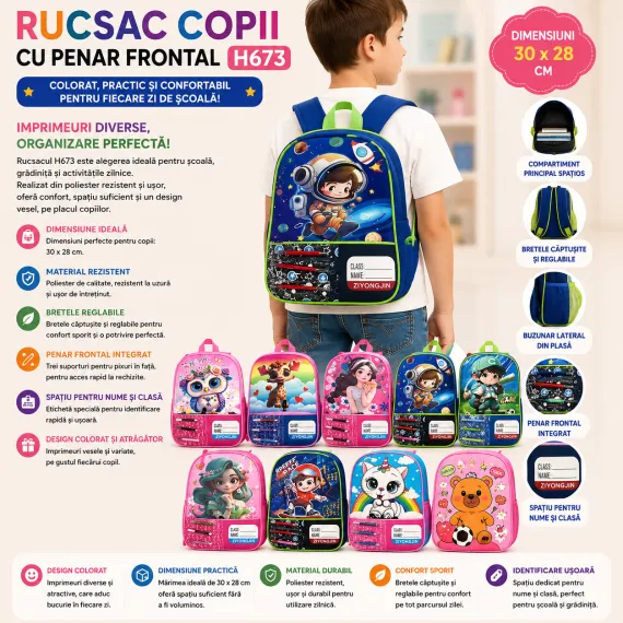 Rucsac copii H673 cu penar frontal 30×28 cm